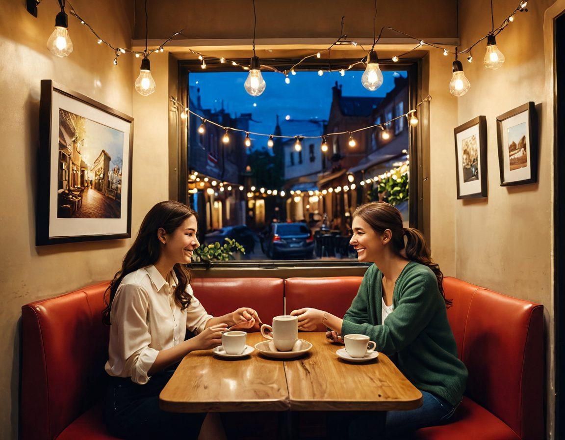 A romantic scene featuring a couple on a coffee date in a cozy café, with warm lighting and soft decorations around them. Include elements of technology like their smartphones subtly placed on the table, symbolizing online connections. Capture their smiles and shared laughter, showcasing the beginning of a meaningful relationship. The background should be inviting and intimate, creating a sense of warmth and connection. painting. vibrant colors.