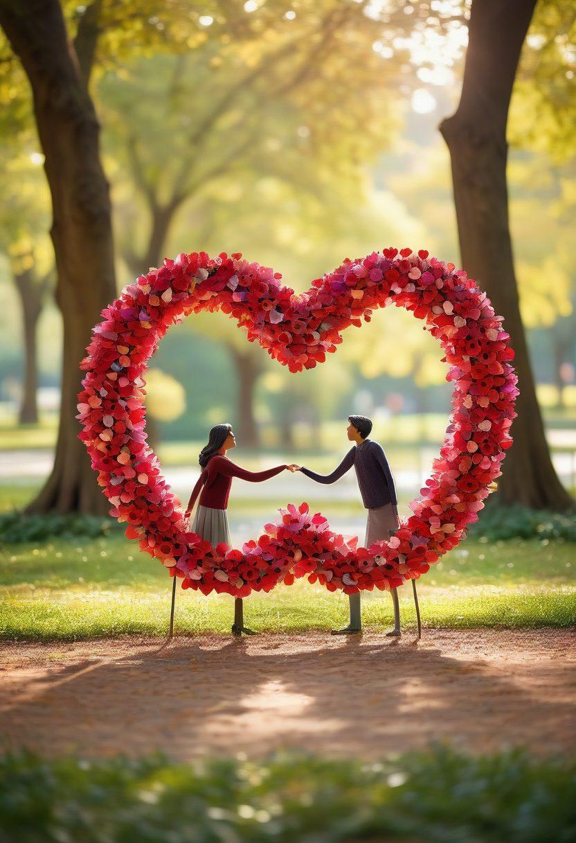 A warm and inviting scene featuring diverse couples engaging in affectionate activities, surrounded by heart-shaped decorations and vibrant flowers. Include symbols of love like handwritten letters and intertwined hands, capturing a sense of community and togetherness. The background can be a sunlit park, with soft bokeh effect to evoke a dreamy atmosphere. super-realistic. vibrant colors.