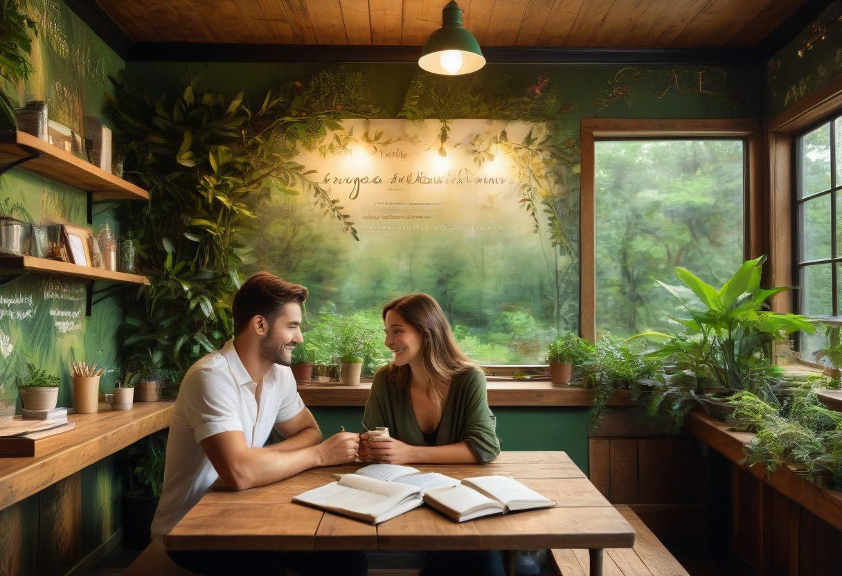 A warm and inviting café scene showcasing diverse couples engaged in heartfelt conversations, surrounded by plants and soft lighting. Include a central table where a couple is sharing a coffee, with open notebooks and pens symbolizing learning about love. The background features a vibrant mural with quotes about love and connection. super-realistic. vibrant colors. cozy atmosphere.